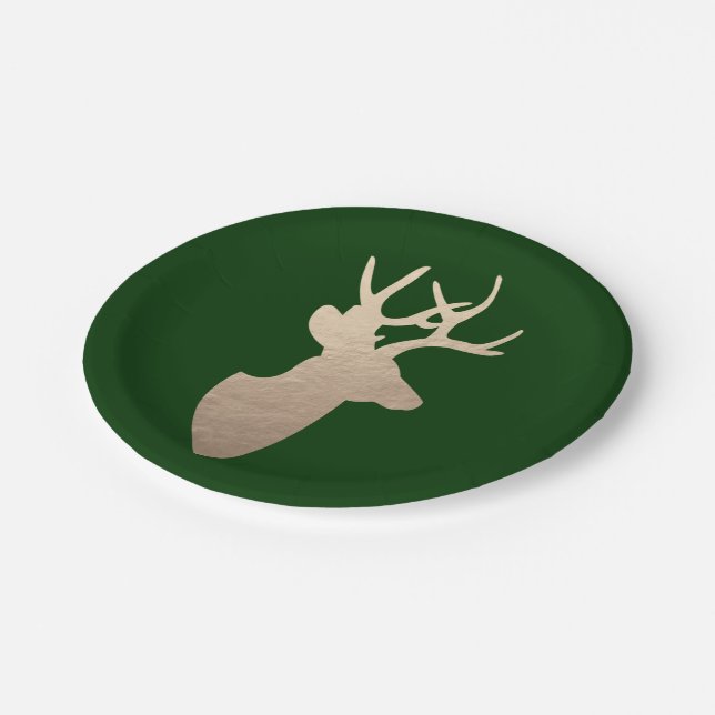 Deep Forest Green and Golden Deer Silhouette Paper Plate (Angled)
