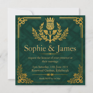 Deep Forest Green Tartan & Gold Wedding Invitation