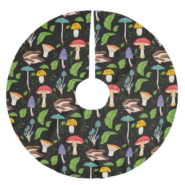 Deep Forest Magic: Colourful Mushrooms on Black Brushed Polyester Tree Skirt (Front)