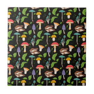 Deep Forest Magic: Colourful Mushrooms on Black Ceramic Tile