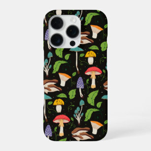 Deep Forest Magic: Colourful Mushrooms on Black iPhone 16 Pro Case