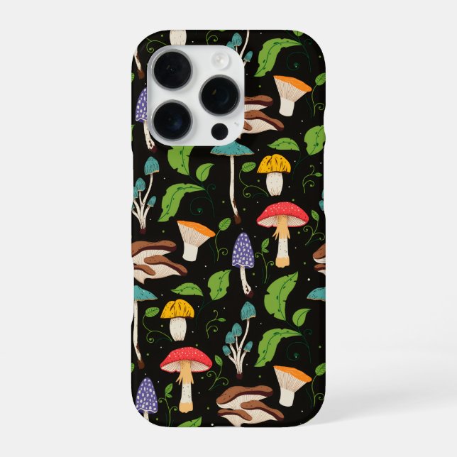 Deep Forest Magic: Colourful Mushrooms on Black iPhone Case (Back)