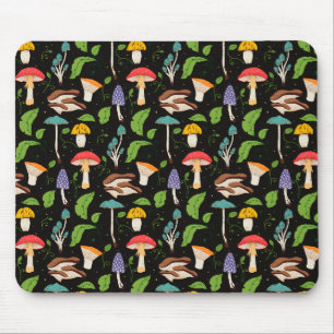 Deep Forest Magic: Colourful Mushrooms on Black Mouse Pad