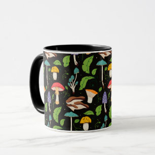 Deep Forest Magic: Colourful Mushrooms on Black Mug