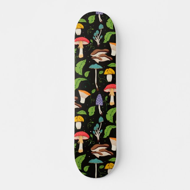 Deep Forest Magic: Colourful Mushrooms on Black Skateboard (Front)