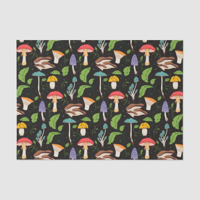 Deep Forest Magic: Colourful Mushrooms on Black Tissue Paper (Front)