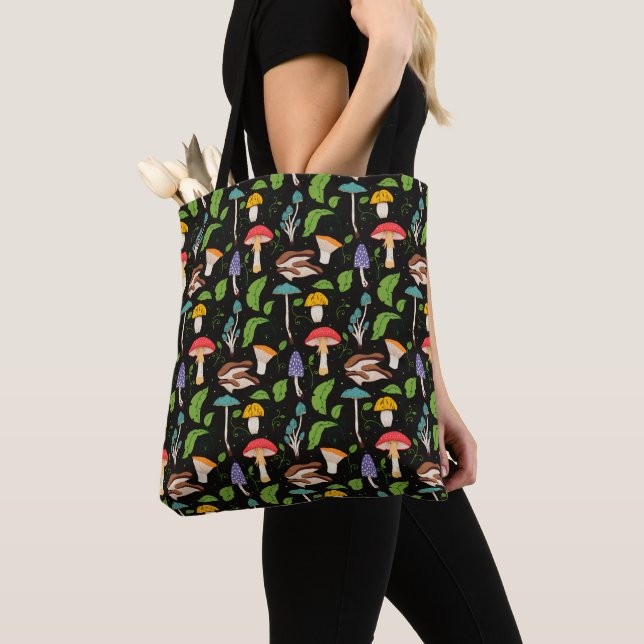 Deep Forest Magic: Colourful Mushrooms on Black Tote Bag (Close Up)