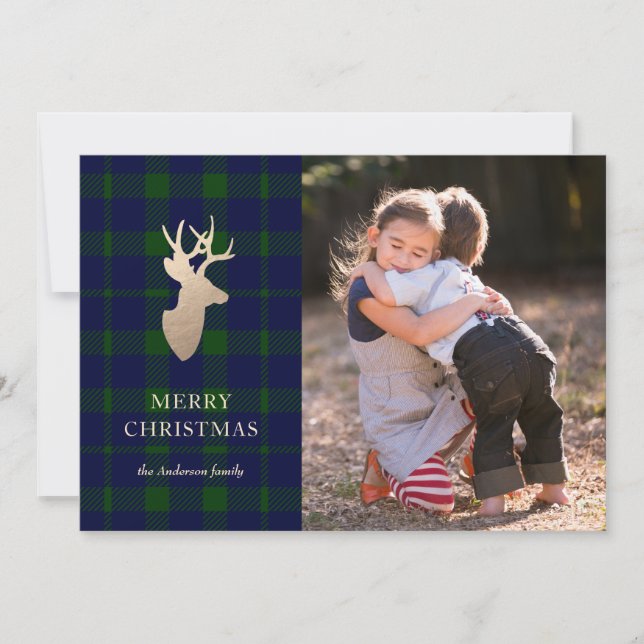 Deep Forest Plaid Golden Deer Christmas Photo Card (Front)