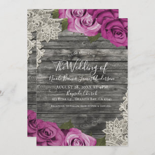 Deep Fuchsia Pink Grey Rustic Wood Lace Wedding Invitation