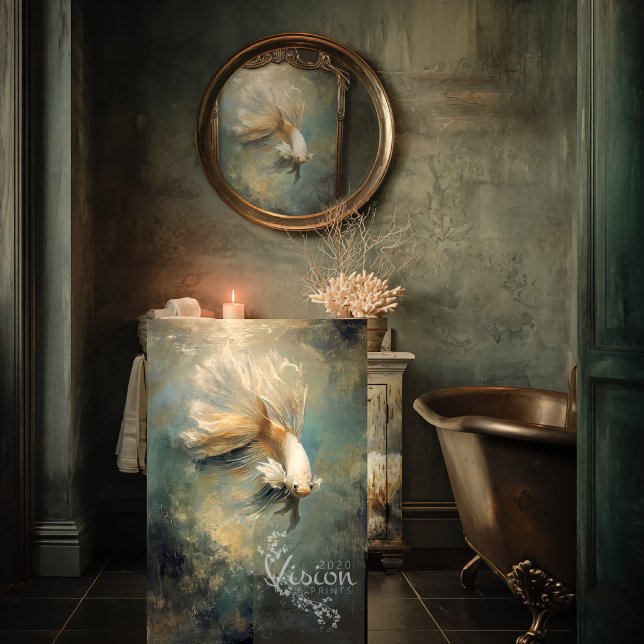 Deep Grace Golden Betta Fish Teal Oil Art Tissue Paper (Large art print leaning against distressed vanity moody bathroom copper clawfoot bath)