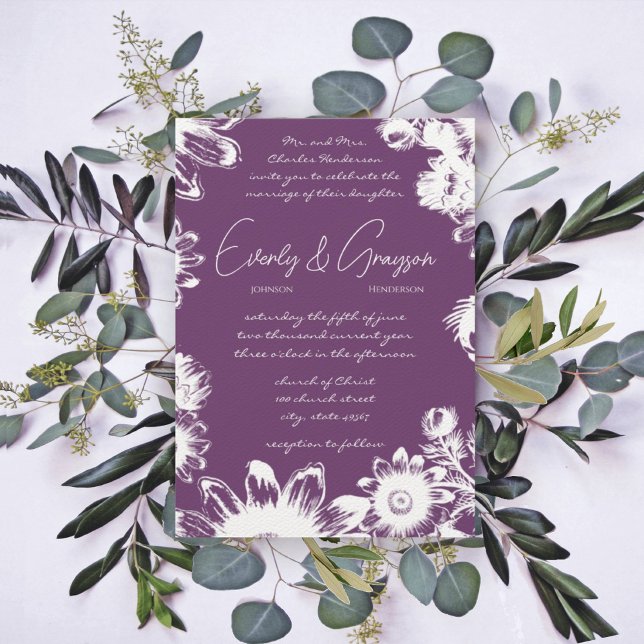 Deep Grape & Lilac Flower Wedding Invitation (Creator Uploaded)