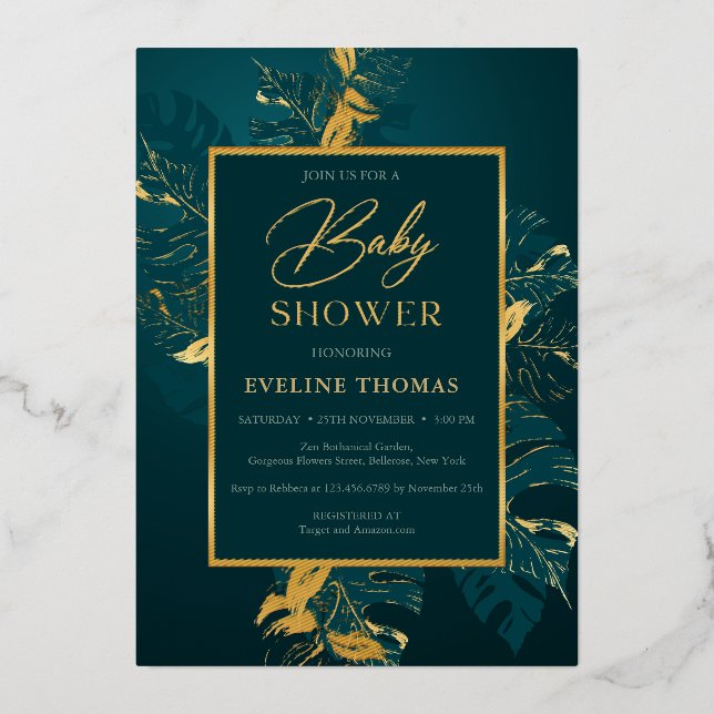  Deep green and real gold foil baby shower (Front)