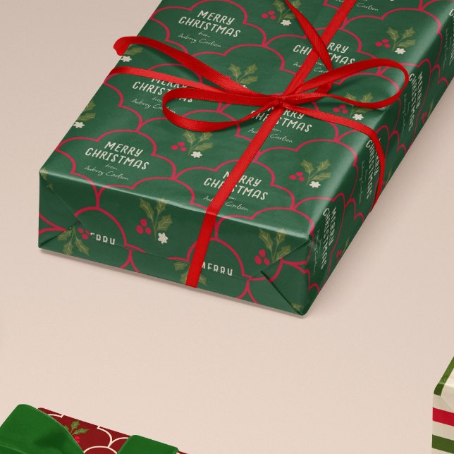 Deep Green and Red Scallop Tile Christmas Sprigs Wrapping Paper (Creator Uploaded)