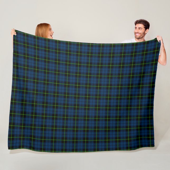 deep green blue green plaid black stripe tartan fleece blanket (In Situ)