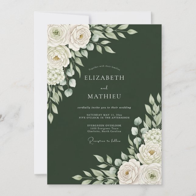 Deep Green Botanical Bloom Wedding Invitation (Front)