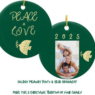 Deep Green, Butter Yellow & Gold Christmas Photo Ceramic Ornament