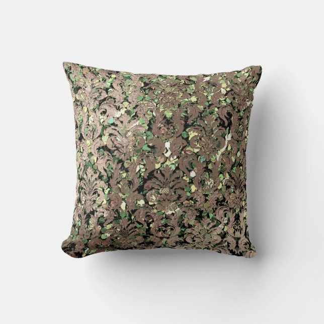 Deep Green Damask Skinny Glas Blush Sequin Bronze Cushion (Front)