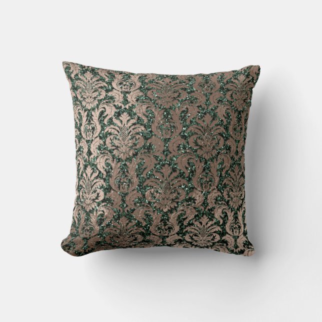 Deep Green Damask Skinny Glass Glitter Metal Beige Cushion (Front)
