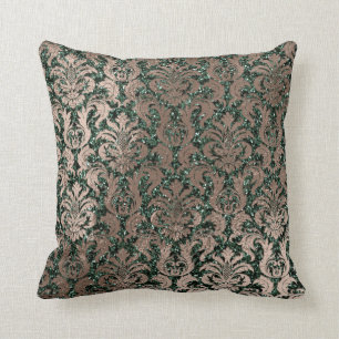 Deep Green Damask Skinny Glass Glitter Metal Beige Cushion