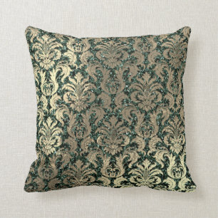 Deep Green Damask Skinny Glass Glitter Metal Gold Cushion