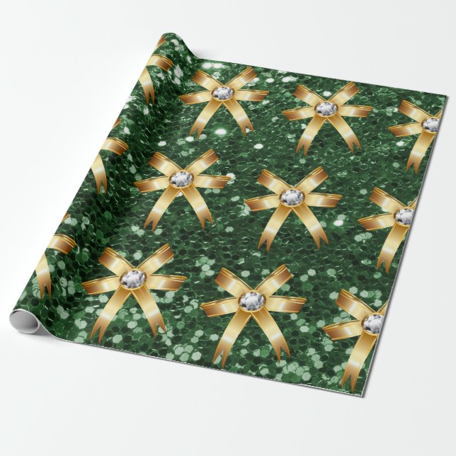 Deep Green Faux Glitter Gold Diamond Bows Wrapping Paper (Unrolled)