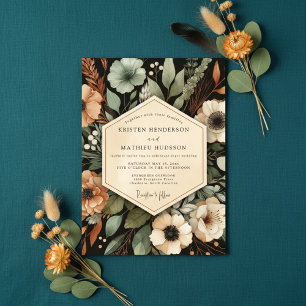 Deep Green Floral Autumn Romance Wedding Invitation