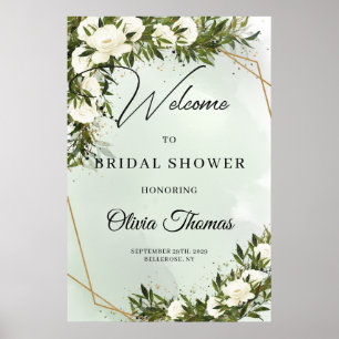 Deep green foliage white roses gold bridal shower poster