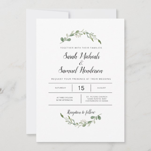 Deep Green Garden Watercolor Wedding Invitation (Front)