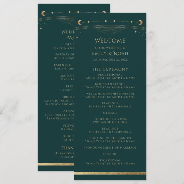 Deep Green Gold Celestial Sun Moon Stars Wedding Program (Front/Back)