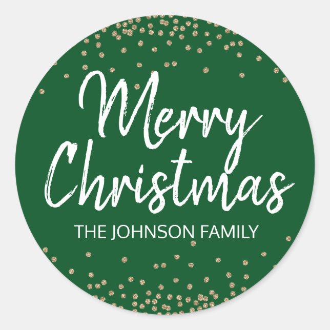 Deep GREEN Gold Glitter Confetti Merry Christmas Classic Round Sticker (Front)