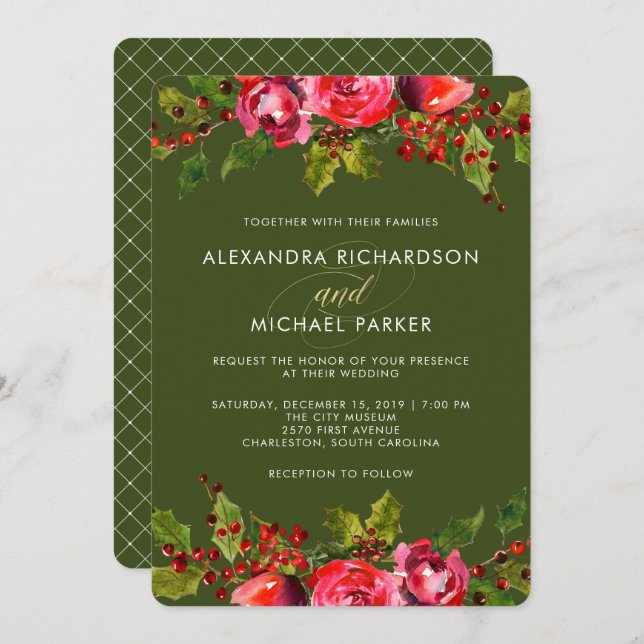 Deep Green Holiday Floral Wedding Invitation (Front/Back)