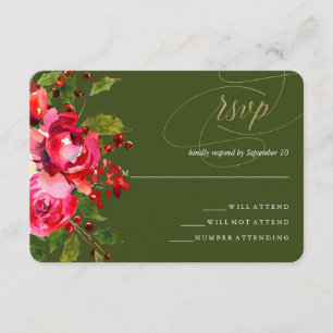 Deep Green Holiday Floral Wedding RSVP
