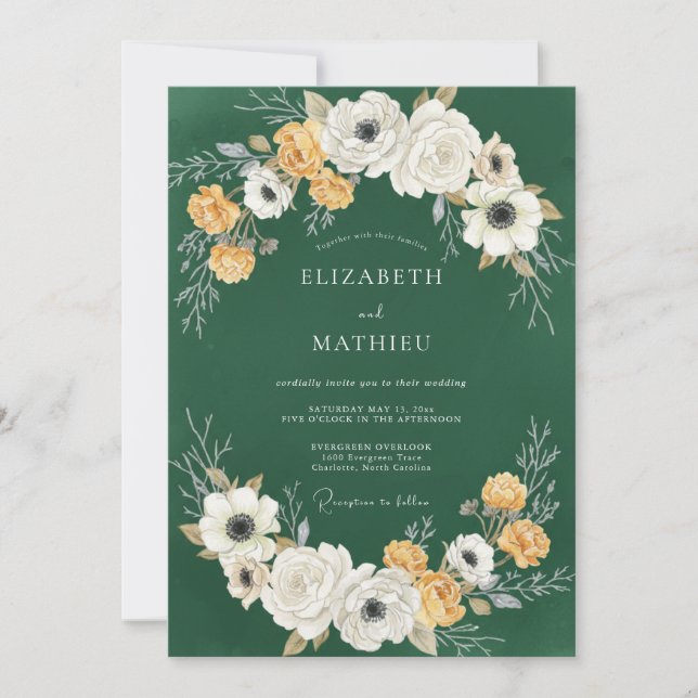 Deep Green Ivory Floral Wedding Invitation (Front)