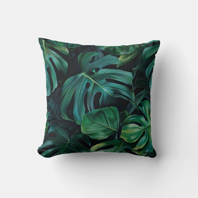 Deep green jungle monstera leaves exotic flora cushion (Front)