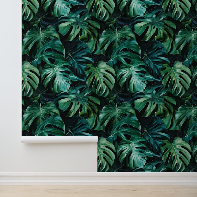 Deep green jungle monstera leaves exotic flora wallpaper (Application)