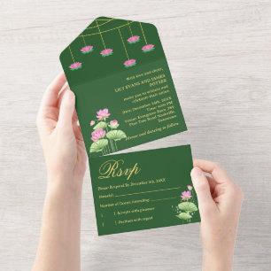 Deep Green Lotus Flower Indian Wedding All In One Invitation