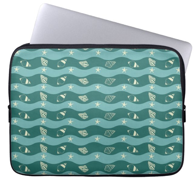 Deep Green Ocean Waves & Seashells Seamless Patter Laptop Sleeve (Front)