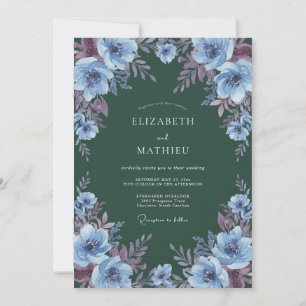 Deep Green Powder Blue Floral Wedding Invitation