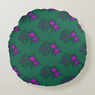 Deep Green Purple Floral Round Pillow