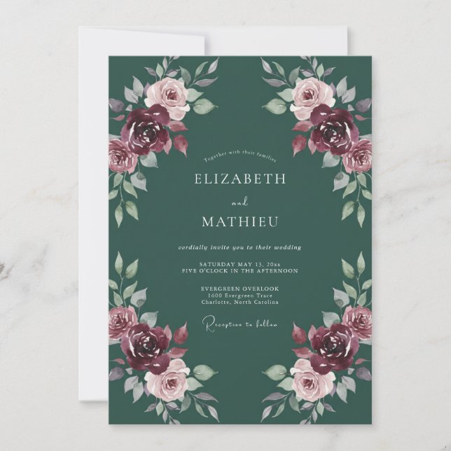 Deep Green Romantic Floral Embrace Wedding Invitation (Front)