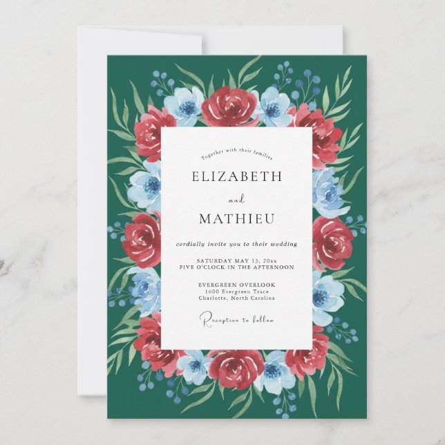 Deep Green Rose Blossom Wedding Invitation (Front)
