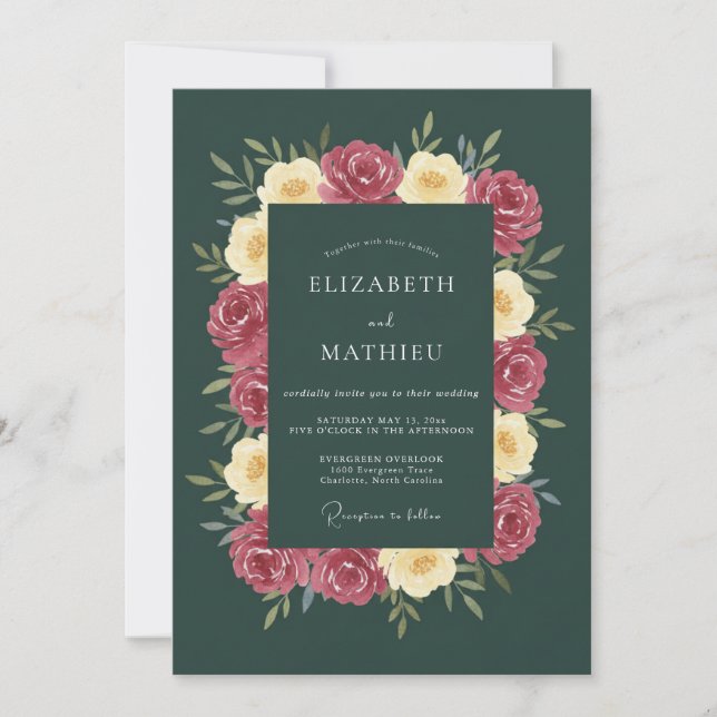 Deep Green Rose Floral Wedding Invitation (Front)