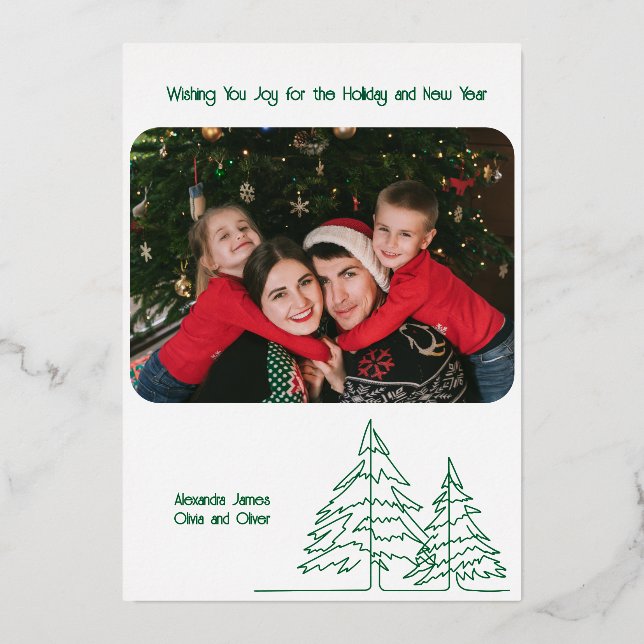 Deep Green Silver Graphic Christmas Tree Minimal   Foil Holiday Card (Back)