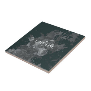 Deep Green Vintage Floral Still Life Stylish Ceramic Tile