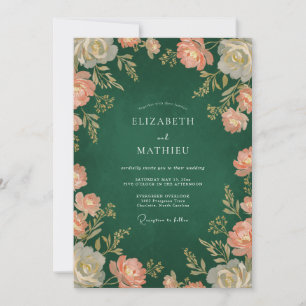 Deep Green Vintage Floral Wedding Invitation