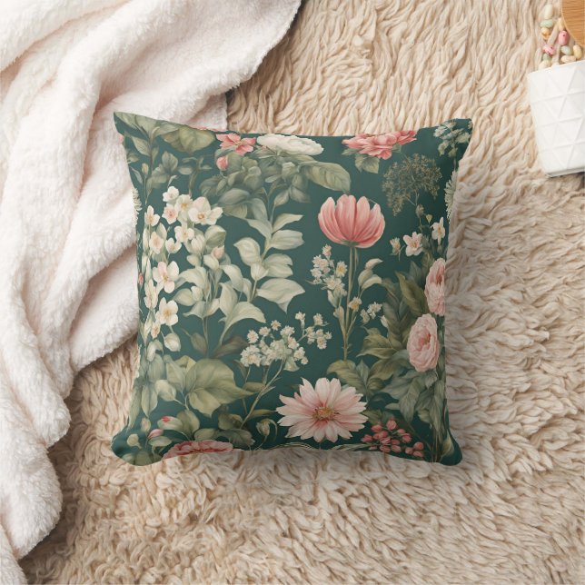 Deep Green with Pastel Woodsy Flowers Cushion (Blanket)