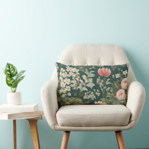 Deep Green with Pastel Woodsy Flowers Lumbar Cushion