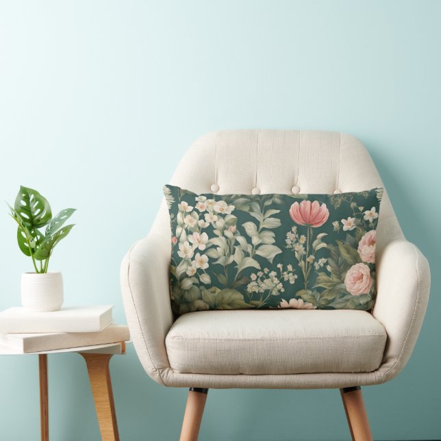 Deep Green with Pastel Woodsy Flowers Lumbar Cushion (Chair)