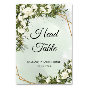 Deep Greenery foliage olive white roses gold head  Table Number