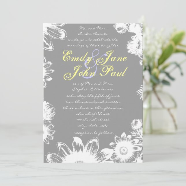 Deep Grey Yellow Lilac Flower Wedding Invitation (Standing Front)